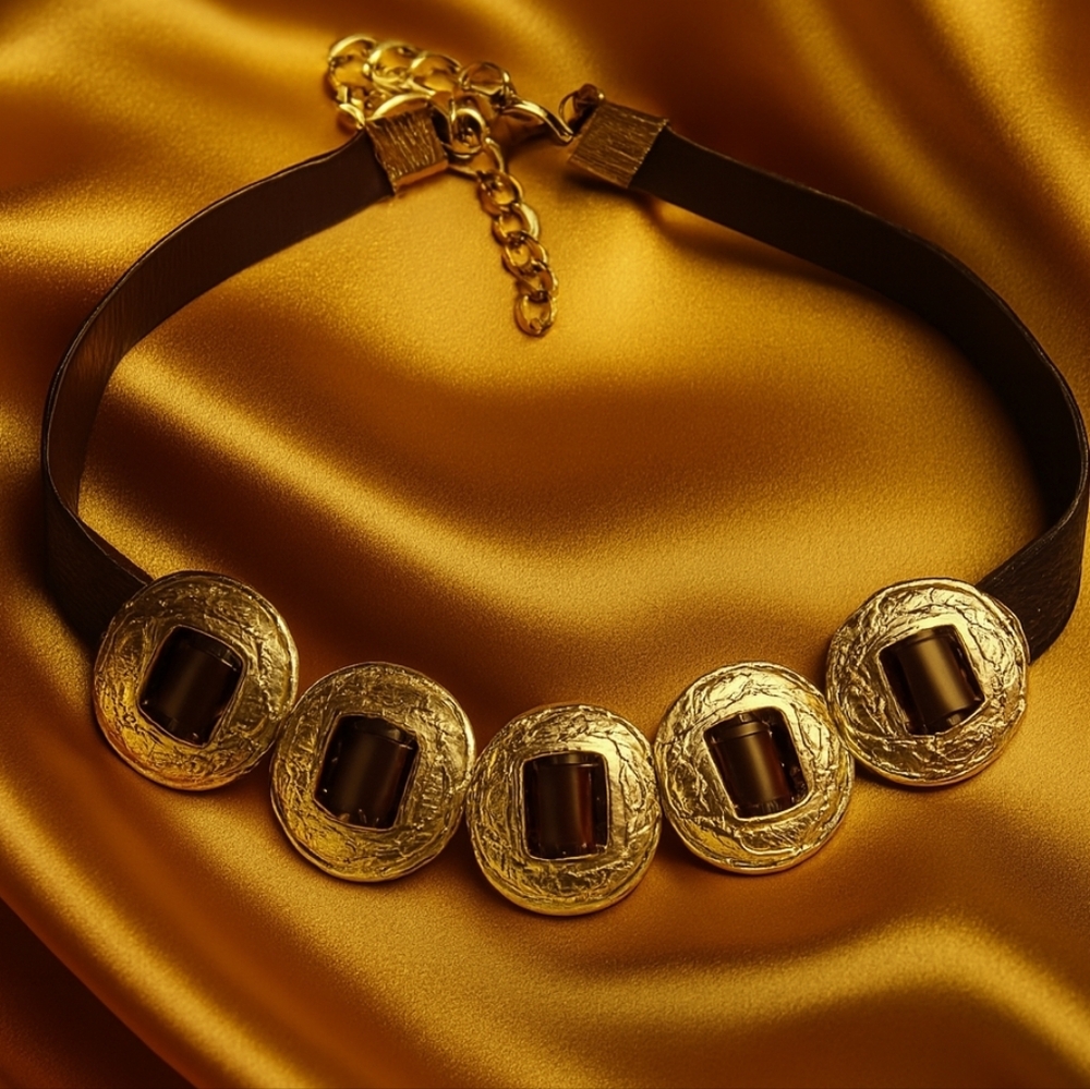 "Polished Gold Disc Choker Necklace – Faux Brown Leather Strap, Adjustable Chain